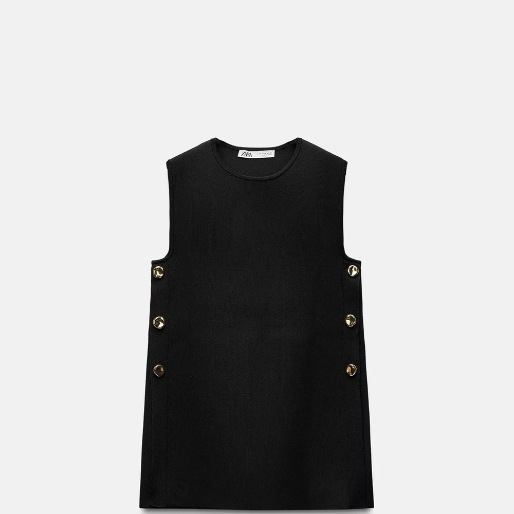 Zara Black Knit Top with Gold Side Button Accents